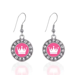 Silver Pink Princess Circle Charm Dangle Earrings