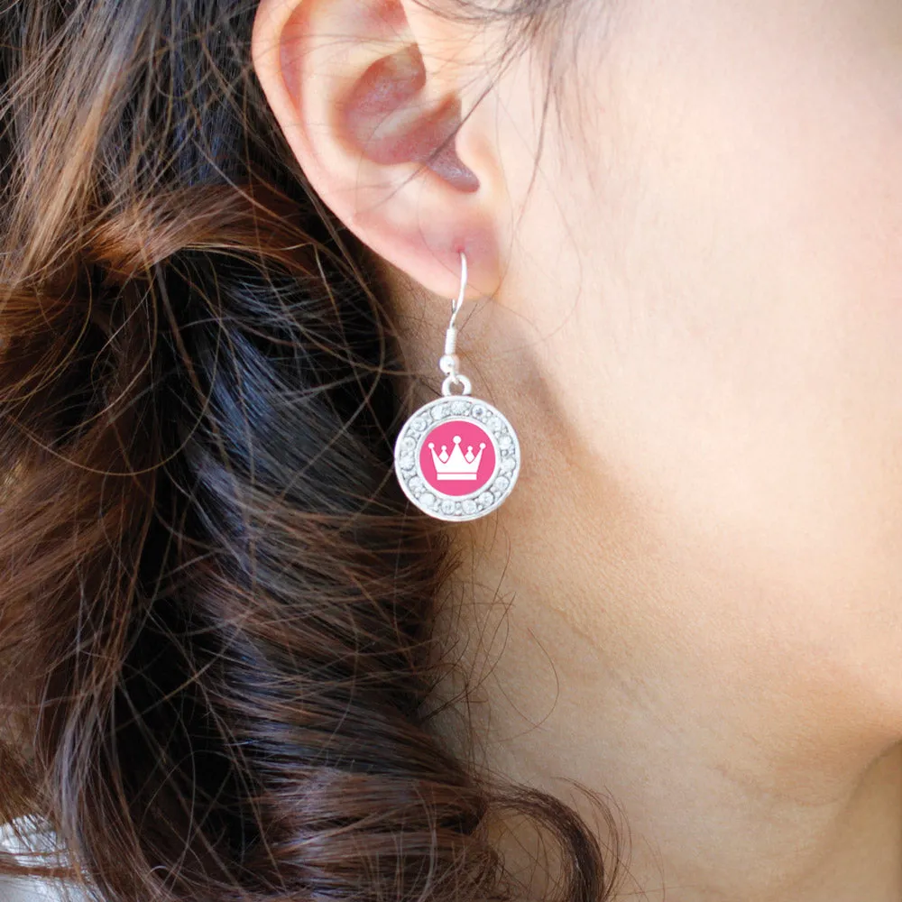 Silver Pink Princess Circle Charm Dangle Earrings