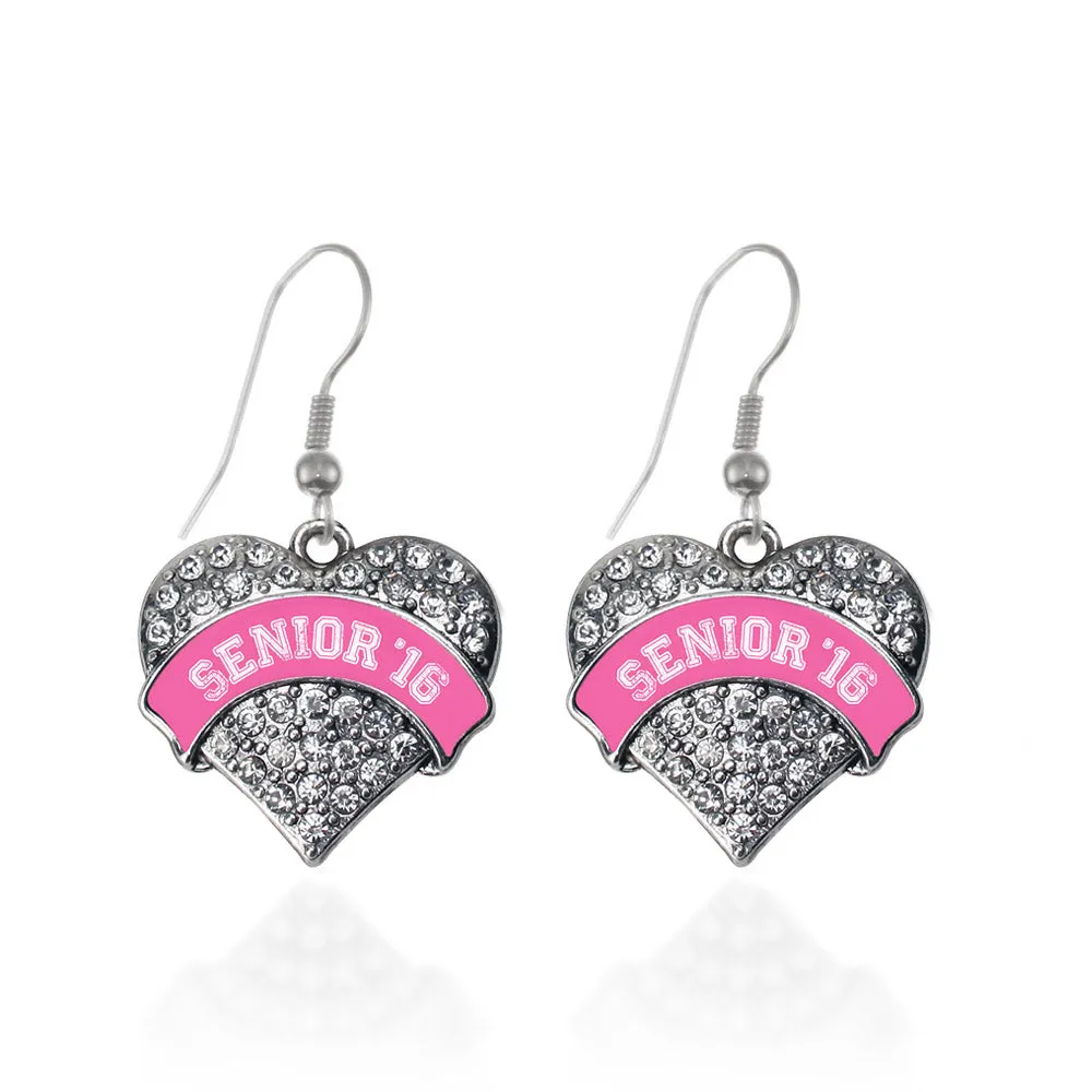 Silver Pink Senior 2016 Pave Heart Charm Dangle Earrings