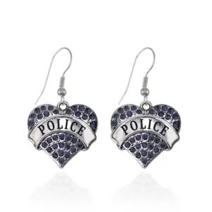 Silver Police Blue Pave Heart Charm Dangle Earrings