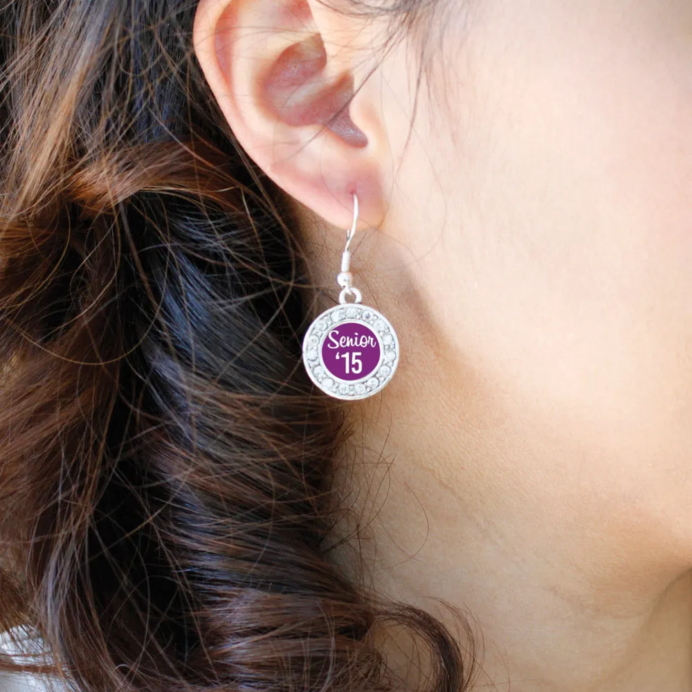 Silver Purple Senior '15 Circle Charm Dangle Earrings