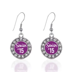 Silver Purple Senior '15 Circle Charm Dangle Earrings