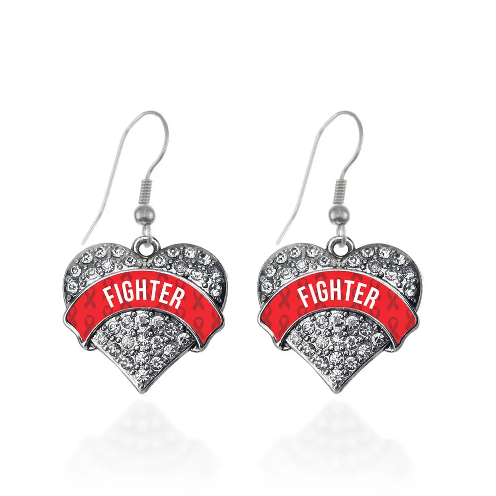 Silver Red Fighter Pave Heart Charm Dangle Earrings