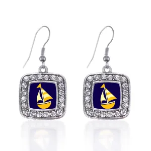 Silver Sailboat Square Charm Dangle Earrings