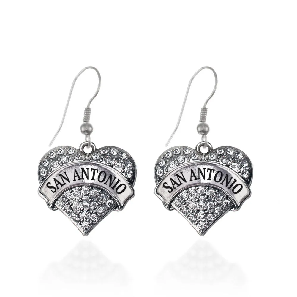 Silver San Antonio Pave Heart Charm Dangle Earrings