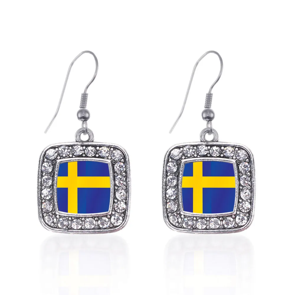 Silver Sweden Flag Square Charm Dangle Earrings