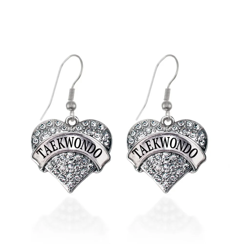 Silver Taekwondo Pave Heart Charm Dangle Earrings