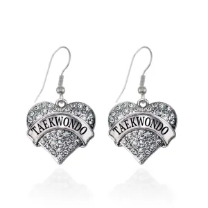 Silver Taekwondo Pave Heart Charm Dangle Earrings