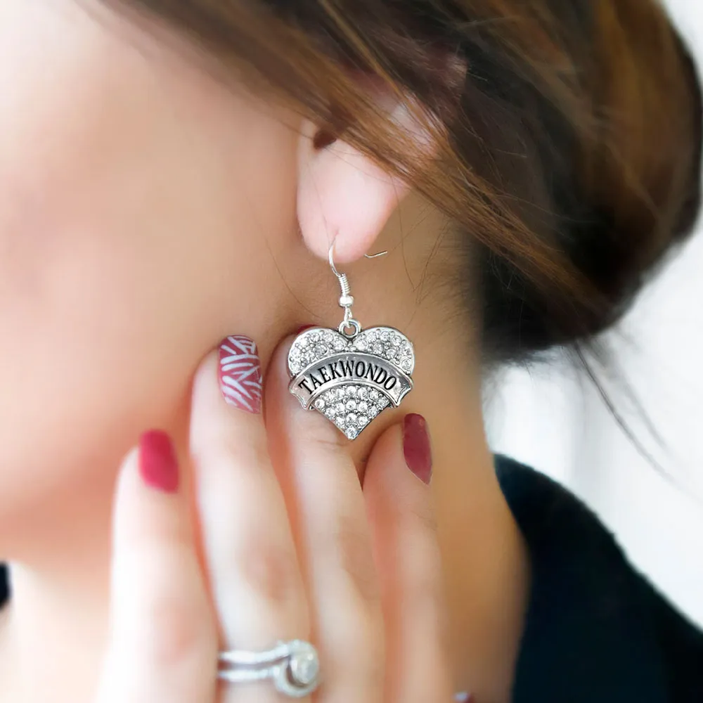 Silver Taekwondo Pave Heart Charm Dangle Earrings