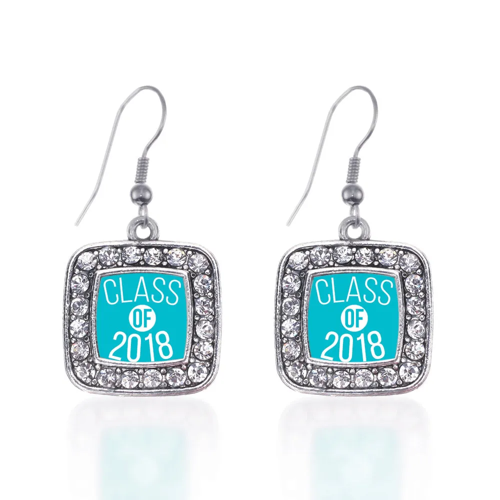 Silver Teal Class of 2018 Square Charm Dangle Earrings