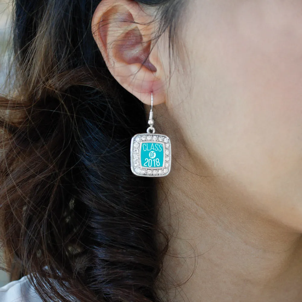 Silver Teal Class of 2018 Square Charm Dangle Earrings