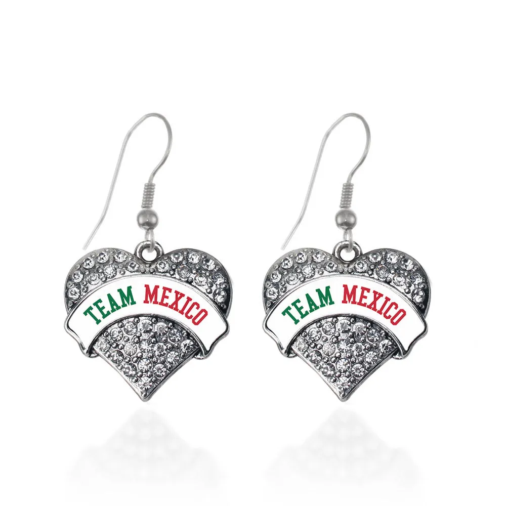 Silver Team Mexico Pave Heart Charm Dangle Earrings