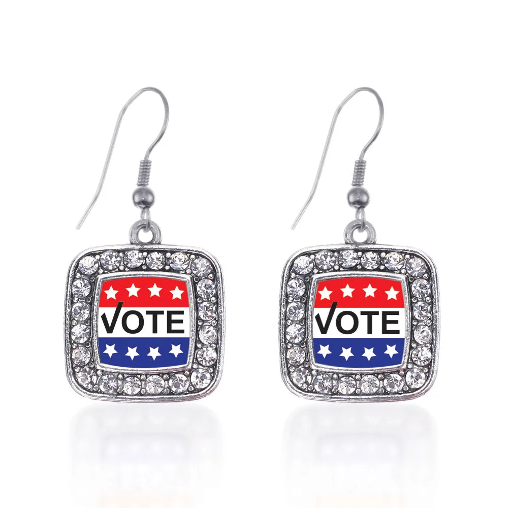 Silver Vote Today Square Charm Dangle Earrings