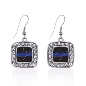 Silver West Virginia Thin Blue Line Square Charm Dangle Earrings