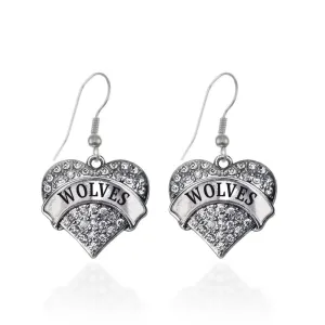 Silver Wolves Pave Heart Charm Dangle Earrings