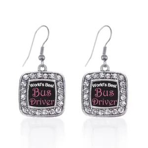 Silver World's Best Bus Driver Square Charm Dangle Earrings