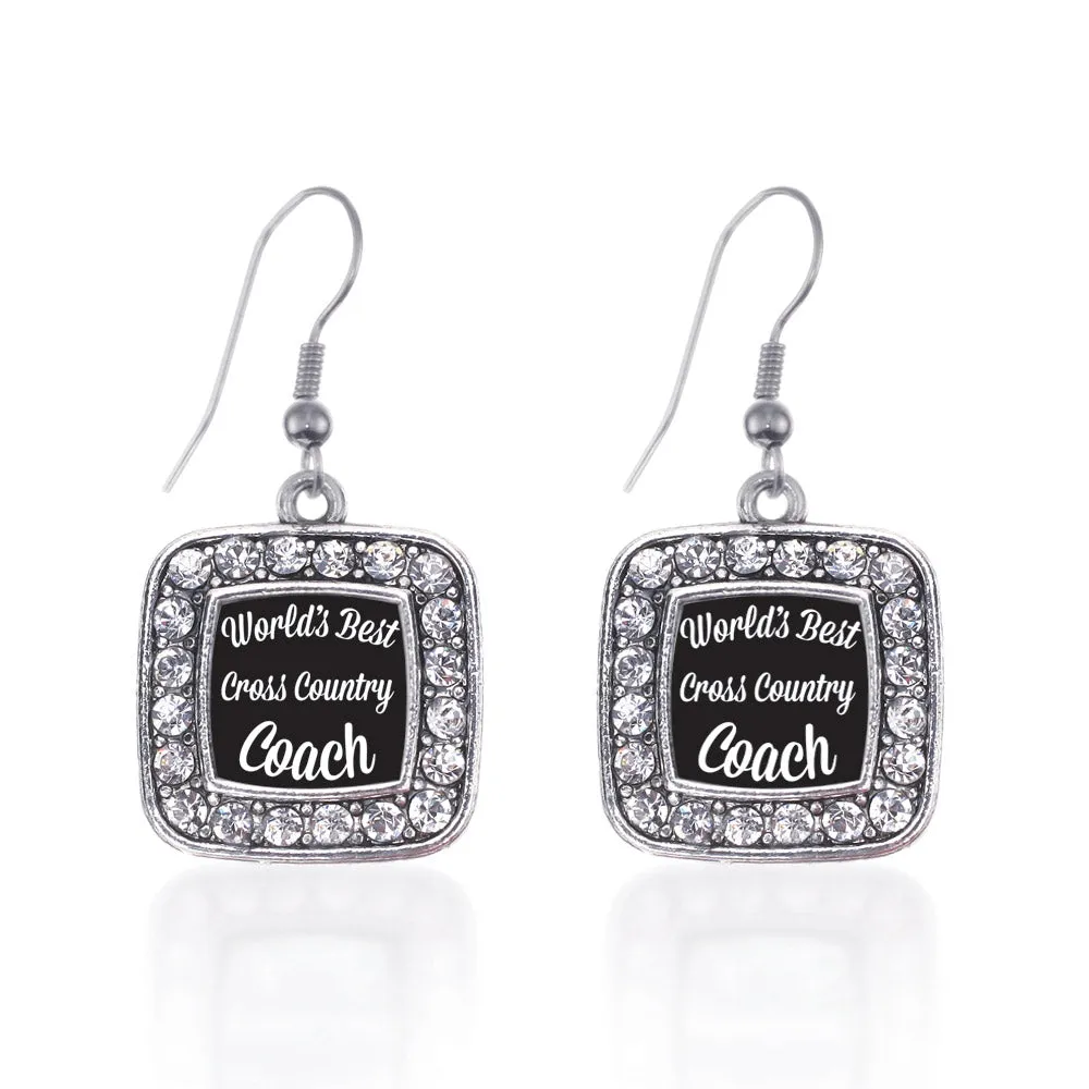 Silver World's Best Cross Country Coach Square Charm Dangle Earrings