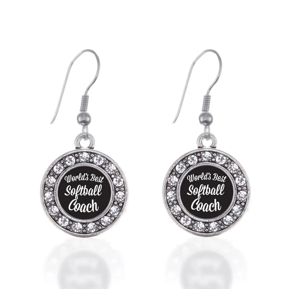 Silver World's Best Softball Coach Circle Charm Dangle Earrings