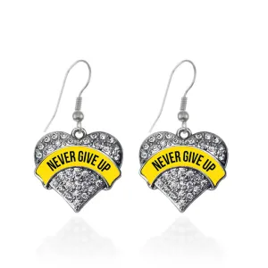 Silver Yellow Banner Never Give up Pave Heart Charm Dangle Earrings