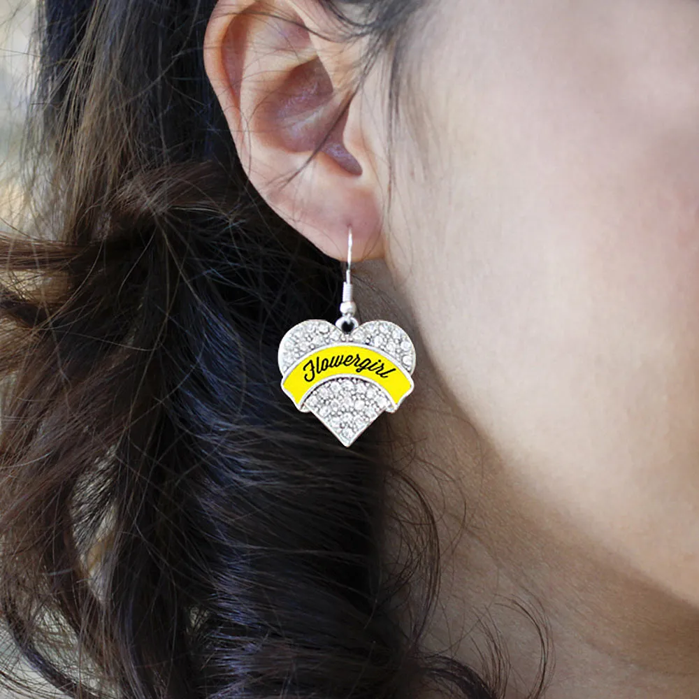 Silver Yellow Flower Girl Pave Heart Charm Dangle Earrings