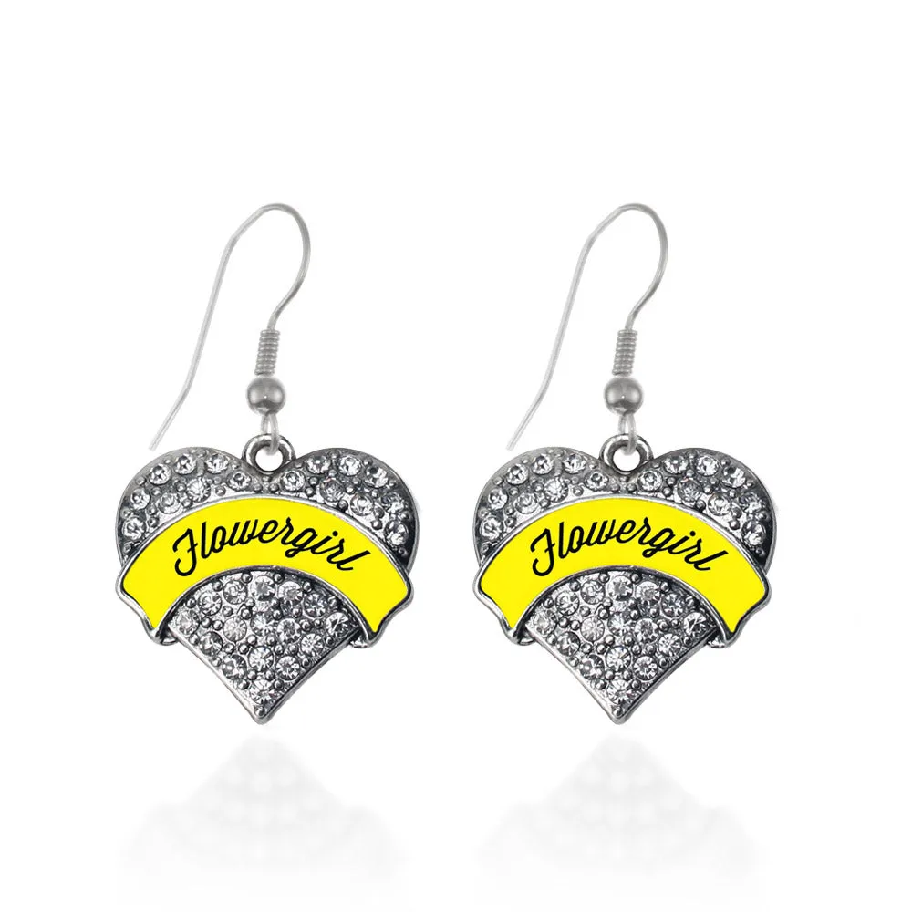 Silver Yellow Flower Girl Pave Heart Charm Dangle Earrings