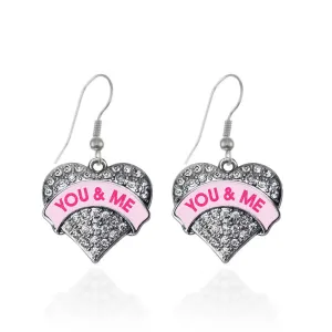 Silver You & Me Pink Candy Pave Heart Charm Dangle Earrings