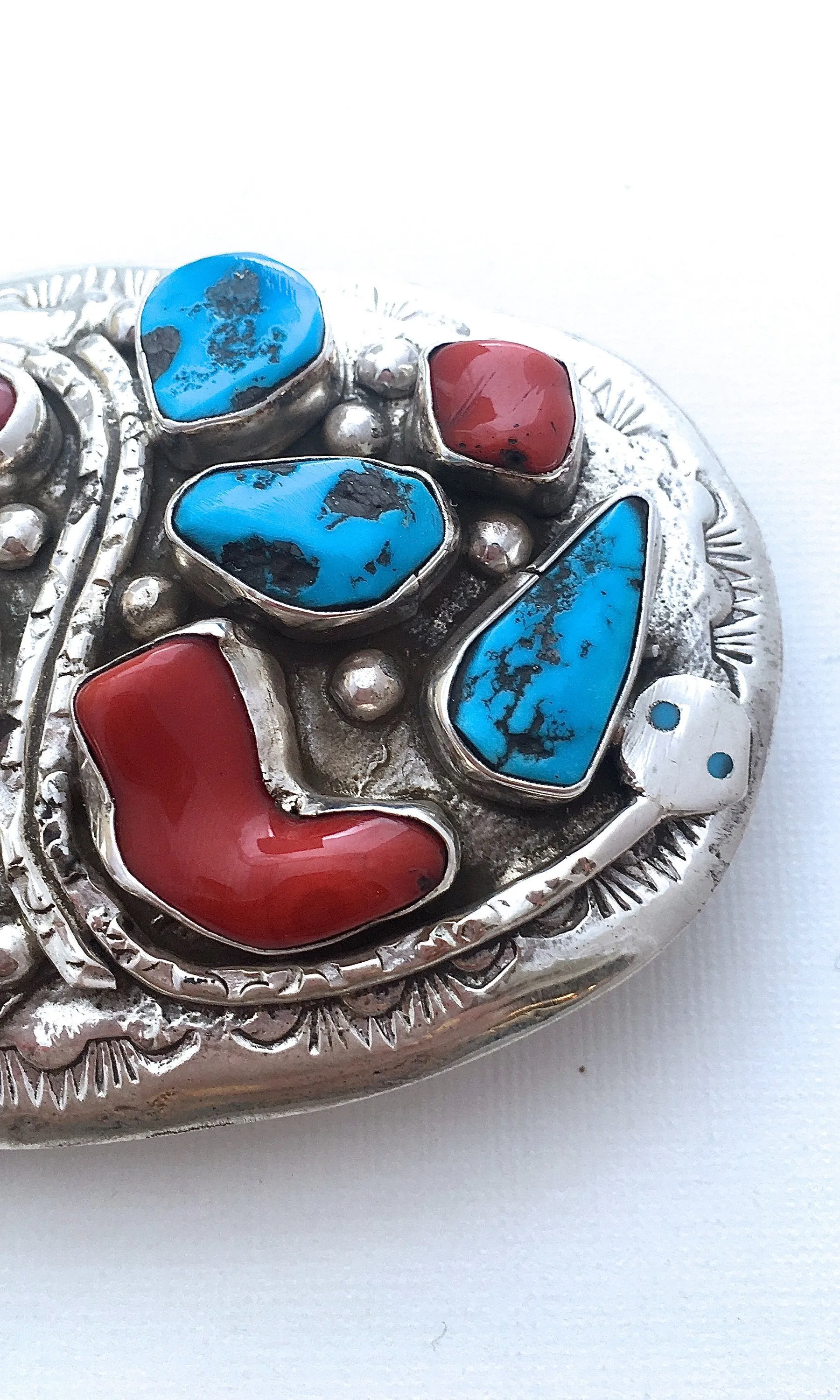 SNAKE CHARMER Silver, Turquoise, & Coral Zuni Belt Buckle