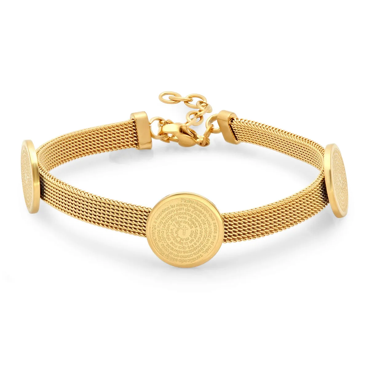 Solitaire Charm Padre Nuestro Prayer Mesh Bracelet