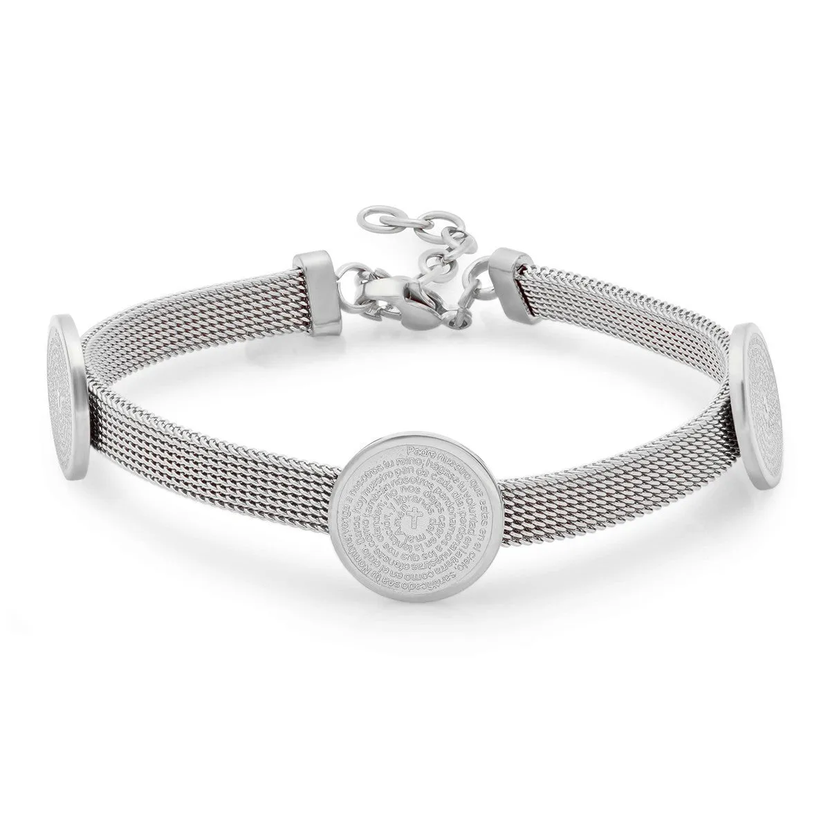 Solitaire Charm Padre Nuestro Prayer Mesh Bracelet