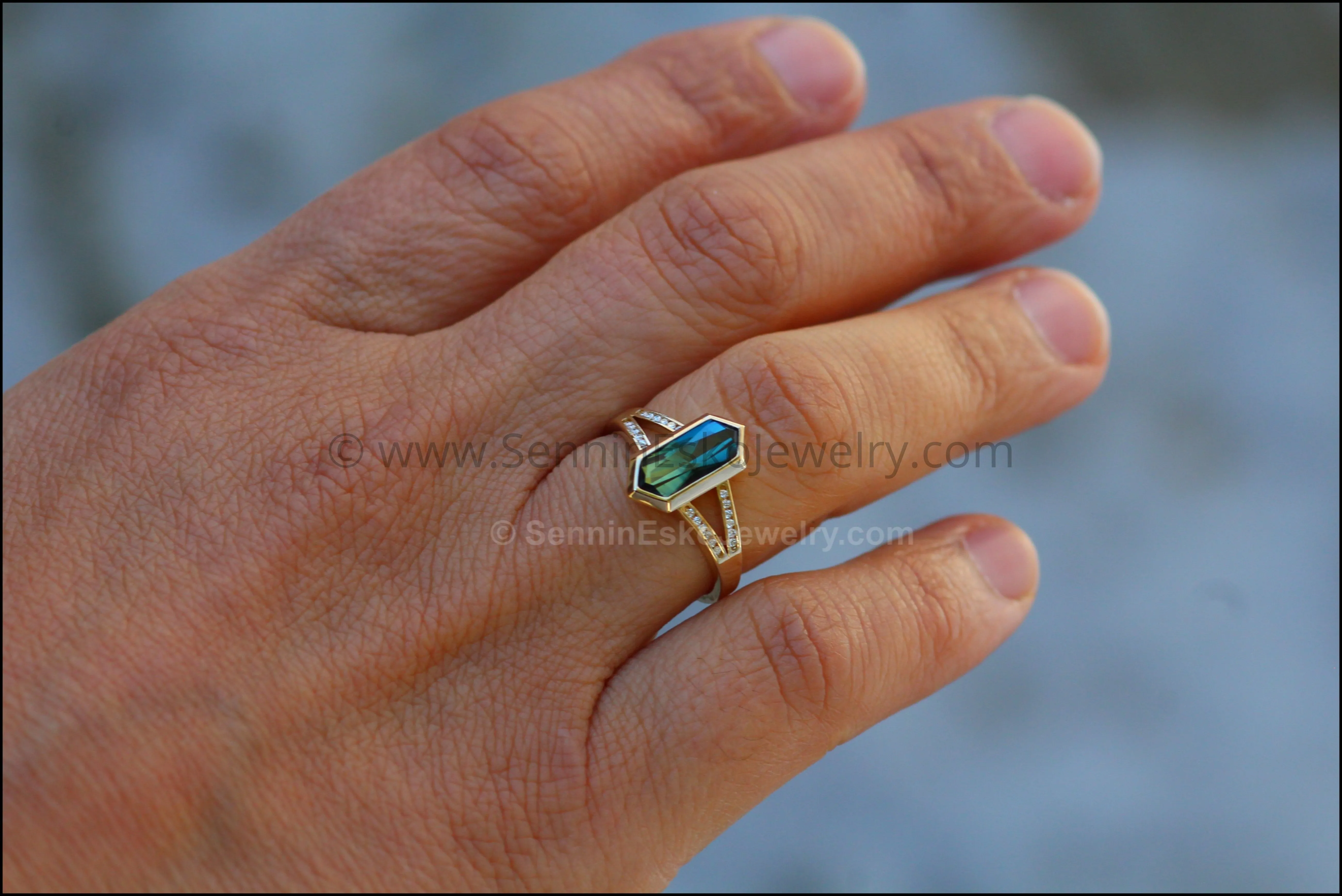 Split Shank Bezel Ring With Diamond Accents - Depicted with a Parti Sapphire (Setting Only, Center Stone Sold Separately)