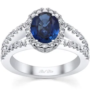 Split Shank Oval Blue Sapphire Halo Engagement Ring