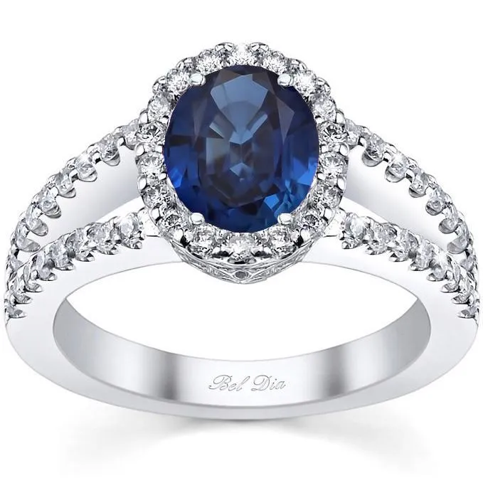 Split Shank Oval Blue Sapphire Halo Engagement Ring