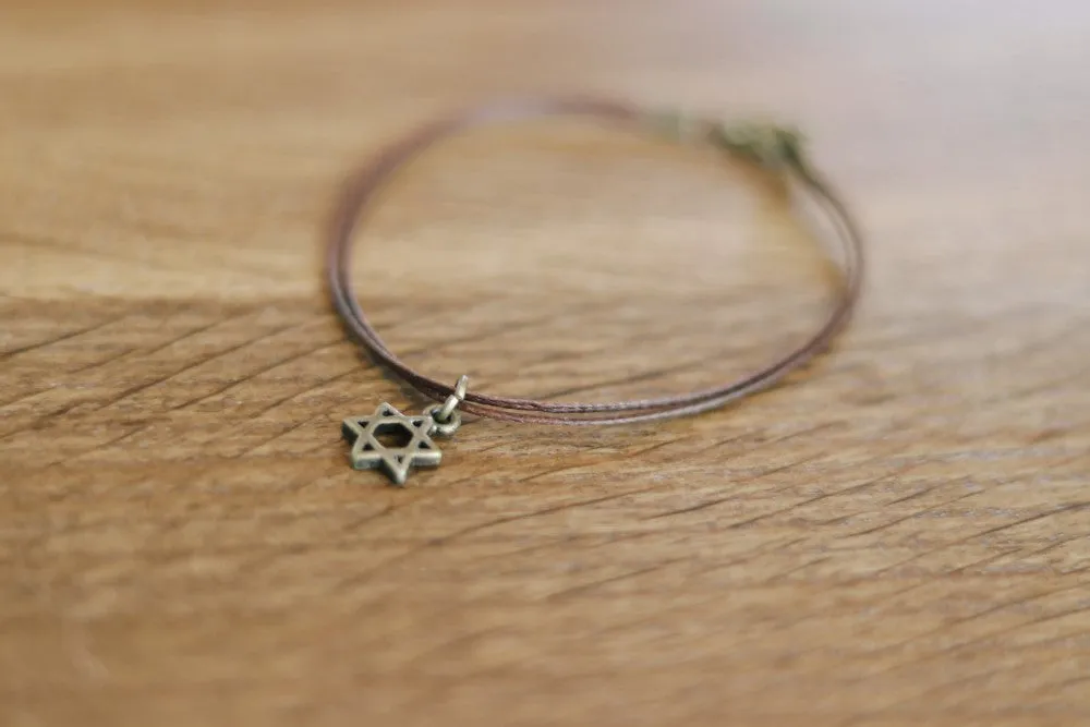 Star of David bracelet for men, Bronze tone charm, brown string, Jewish gift for him, from Israel