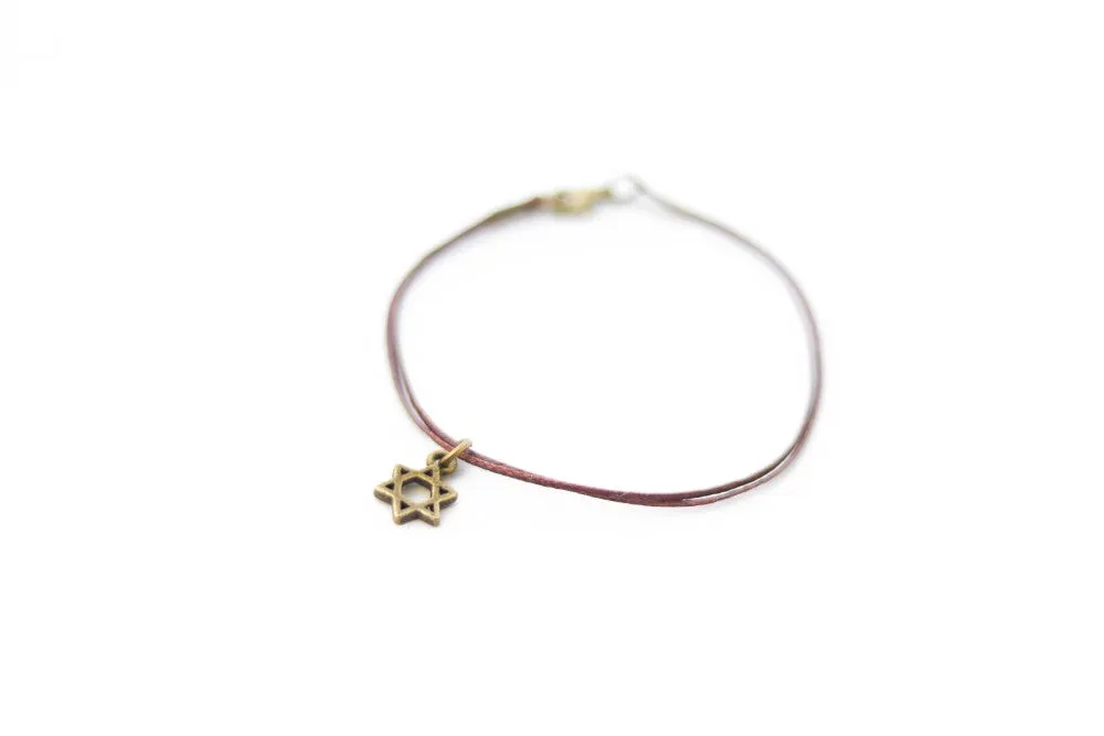 Star of David bracelet for men, Bronze tone charm, brown string, Jewish gift for him, from Israel