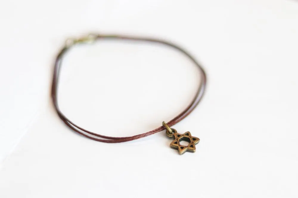 Star of David bracelet for men, Bronze tone charm, brown string, Jewish gift for him, from Israel