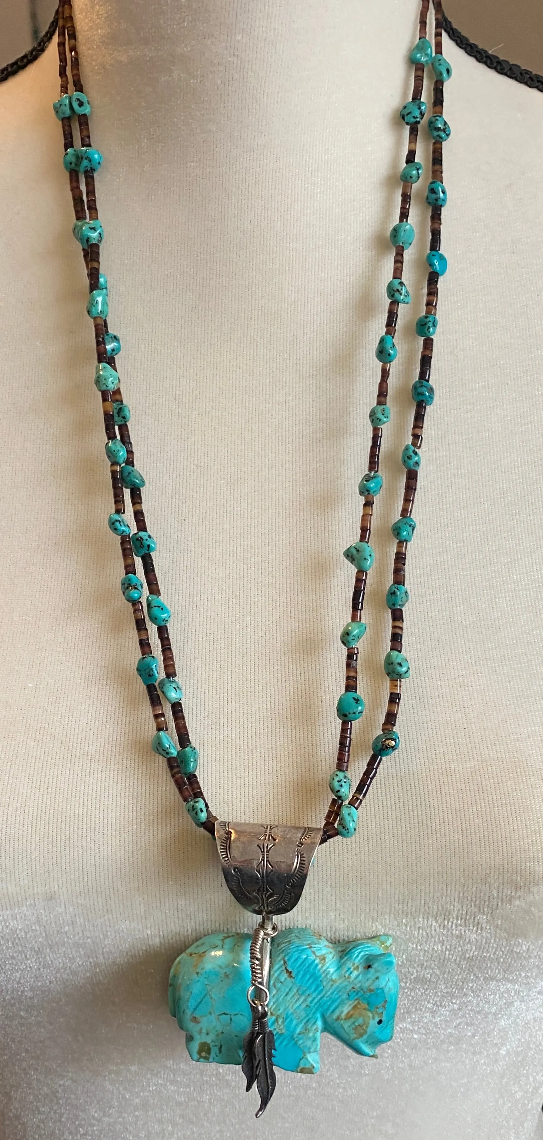 Sterling Silver 925 Heist Bead Carved Turquoise Buffalo Necklace