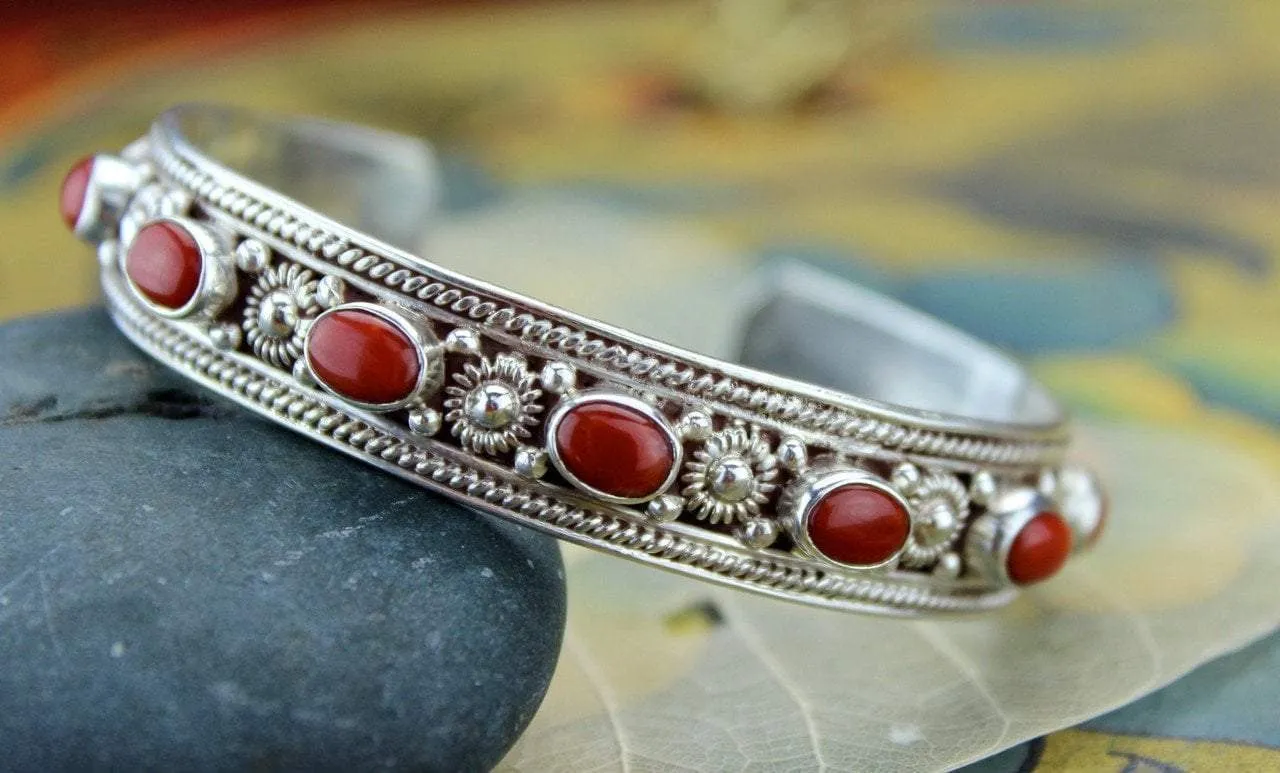 Sterling Silver Band of Coral Bracelet