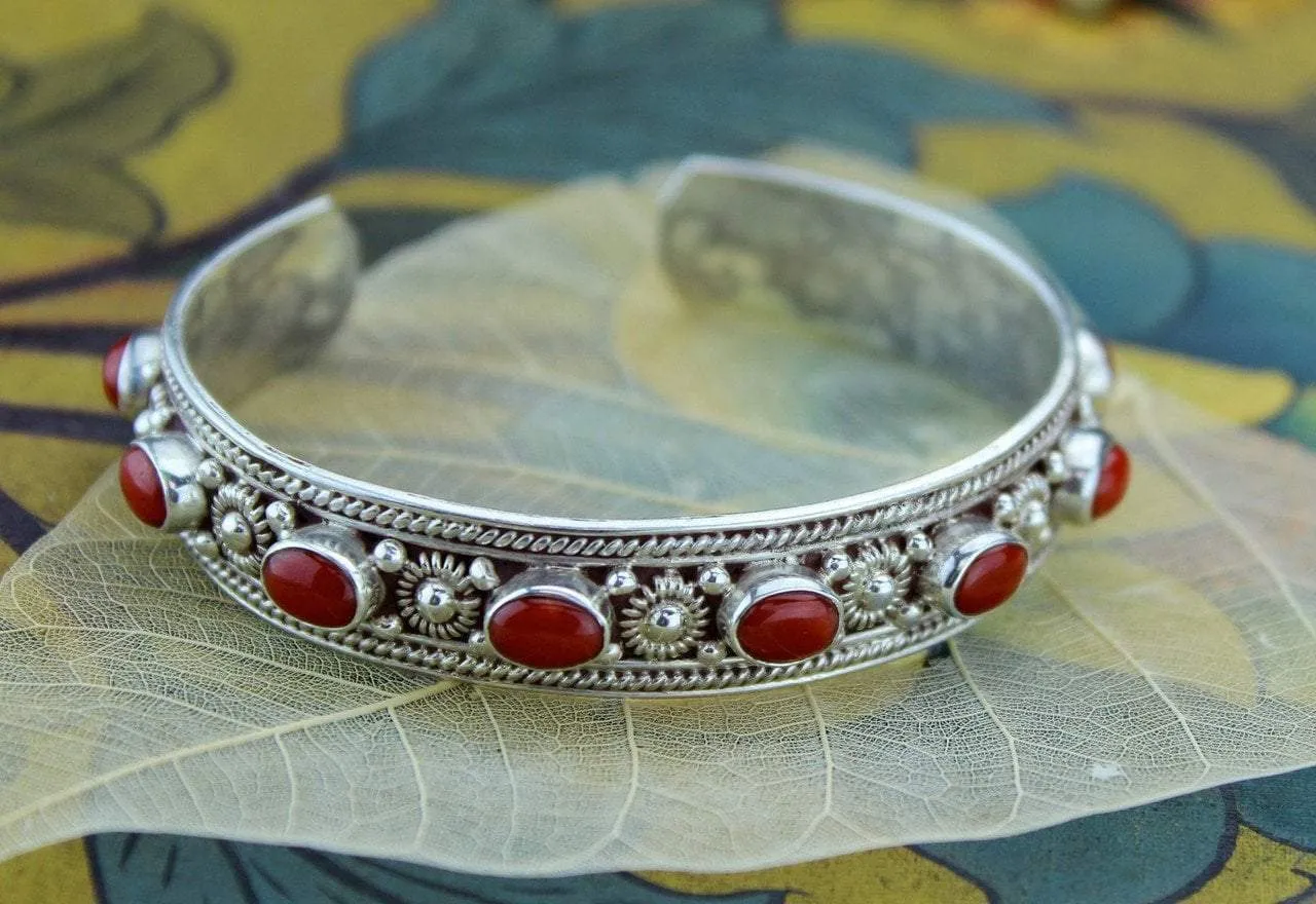 Sterling Silver Band of Coral Bracelet