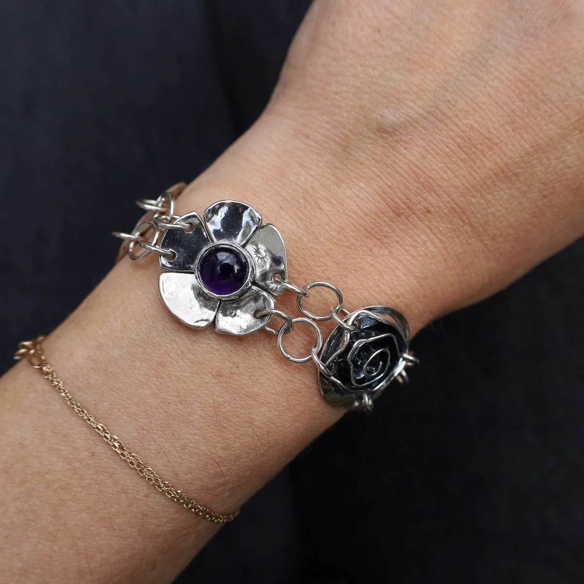 Sterling Silver Five Element Amethyst Bracelet