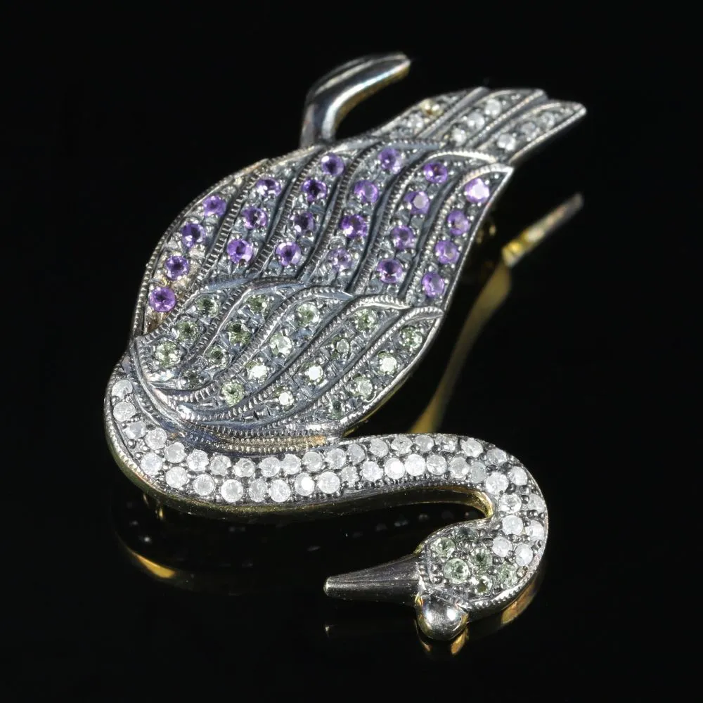 Suffragette Swan Brooch Diamond Amethyst Peridot