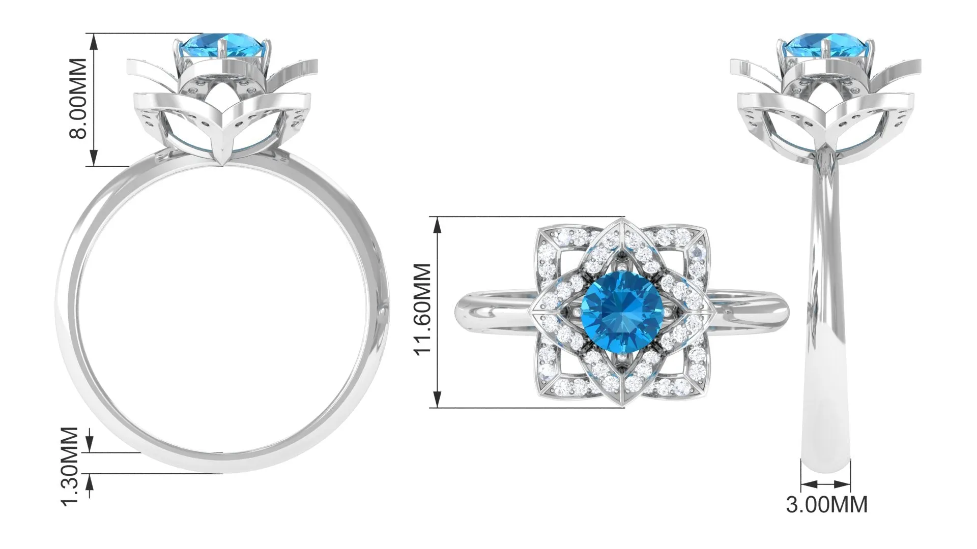 Swiss Blue Topaz and Diamond Floral Engagement Ring