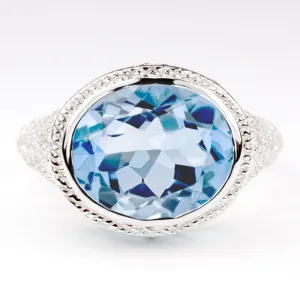 SWISS BLUE TOPAZ STERLING SILVER RING VINTAGE STYLE EAST WEST OVAL FILIGREE GEM