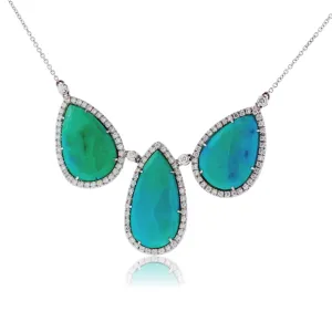 Triple Tear Drop Turquoise and Diamond Halo Necklace