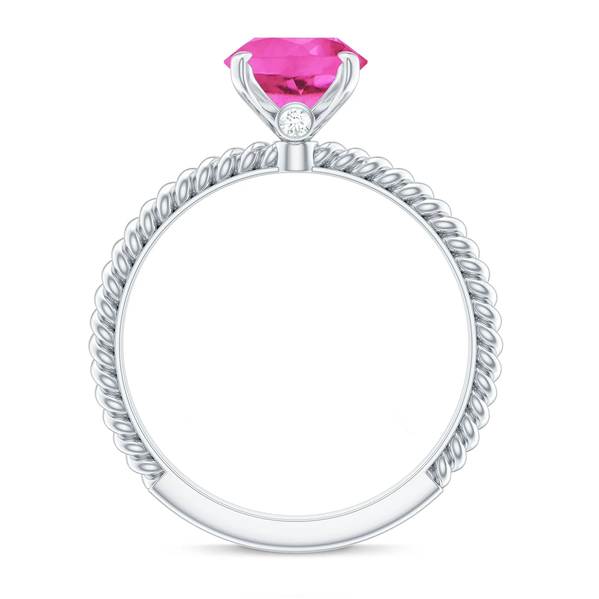 Twisted Rope Created Pink Sapphire Solitaire Ring with Surprise Diamond