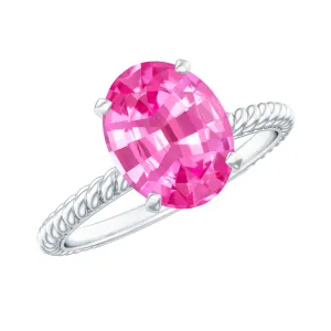 Twisted Rope Created Pink Sapphire Solitaire Ring with Surprise Diamond