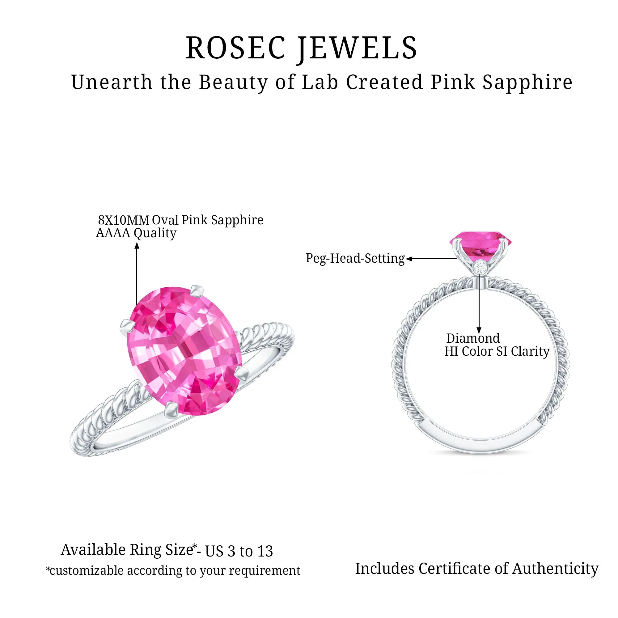 Twisted Rope Created Pink Sapphire Solitaire Ring with Surprise Diamond