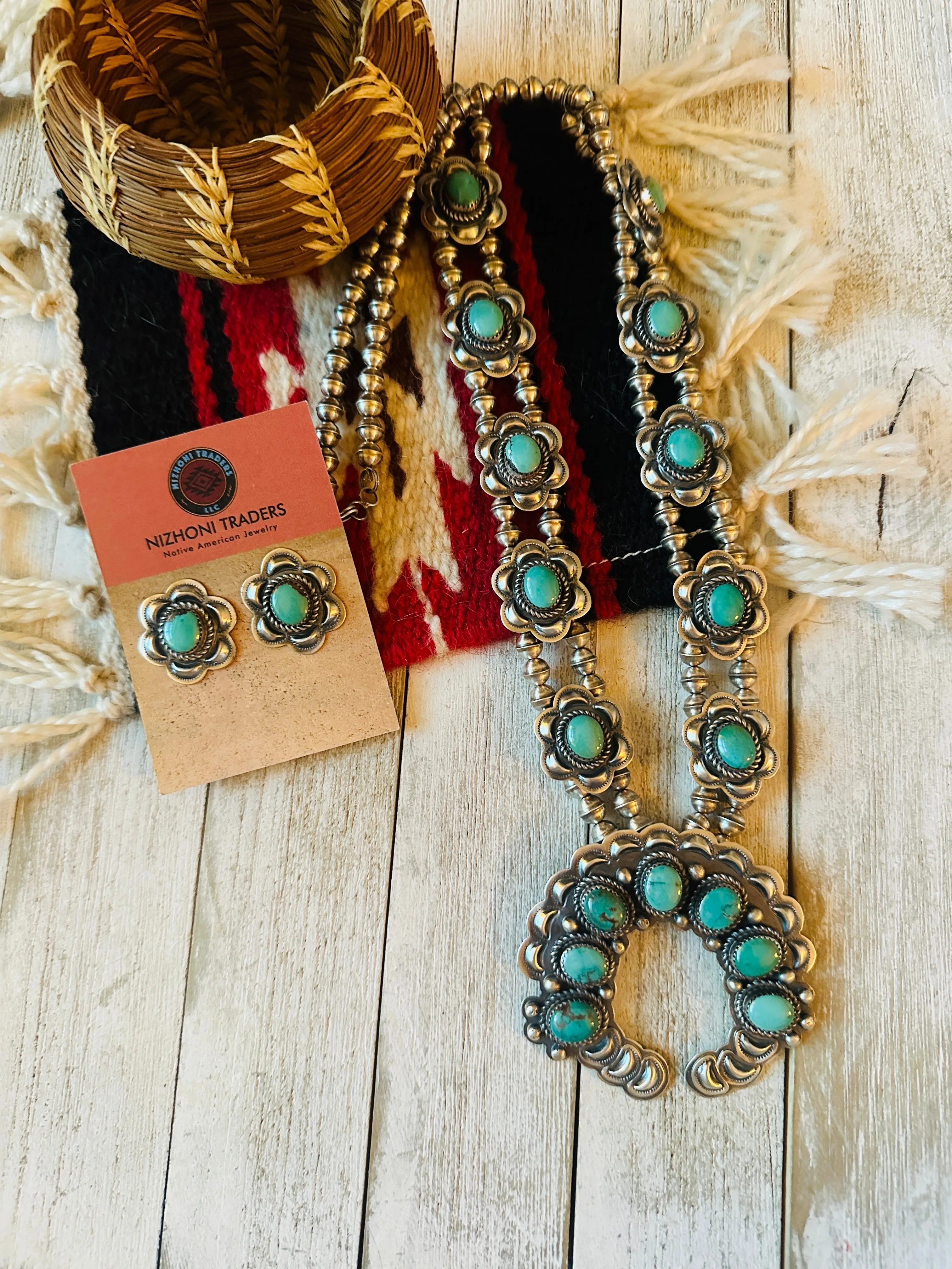 Vintage Old Pawn Navajo Turquoise & Sterling Silver Beaded Squash Blossom Necklace Set