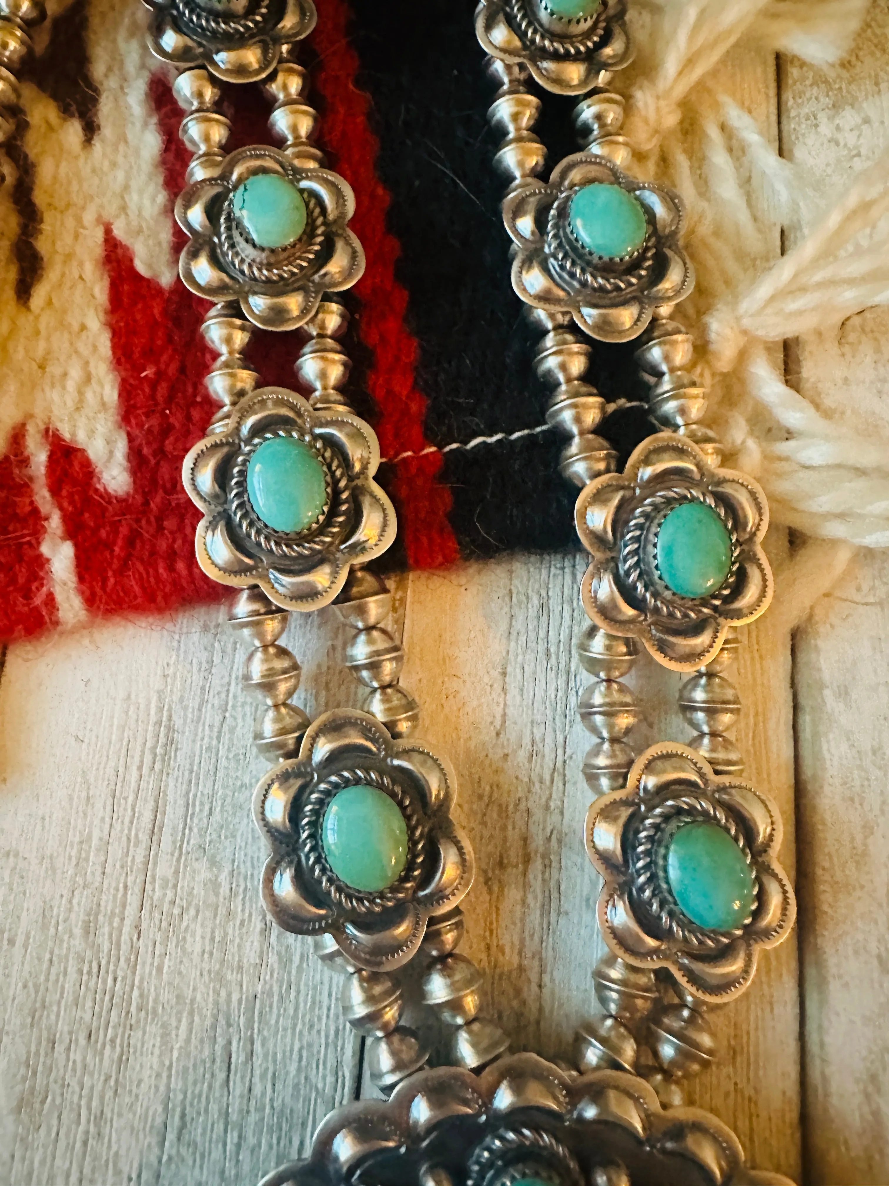 Vintage Old Pawn Navajo Turquoise & Sterling Silver Beaded Squash Blossom Necklace Set