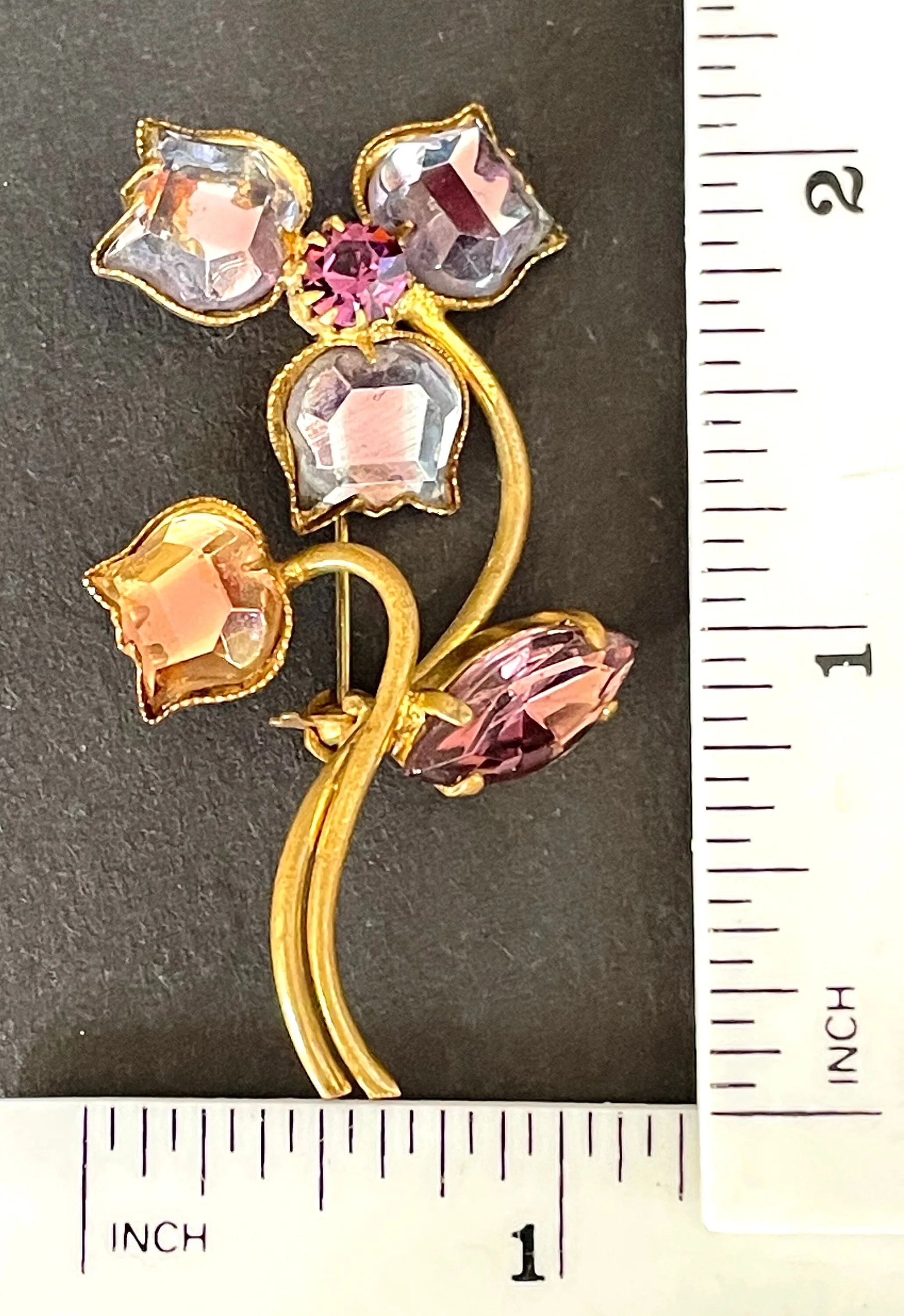 Vintage rhinestone / crystal bi-colour pink, amethyst purple and blue flower brooch, vauxhall / mirror glass style in gold tone