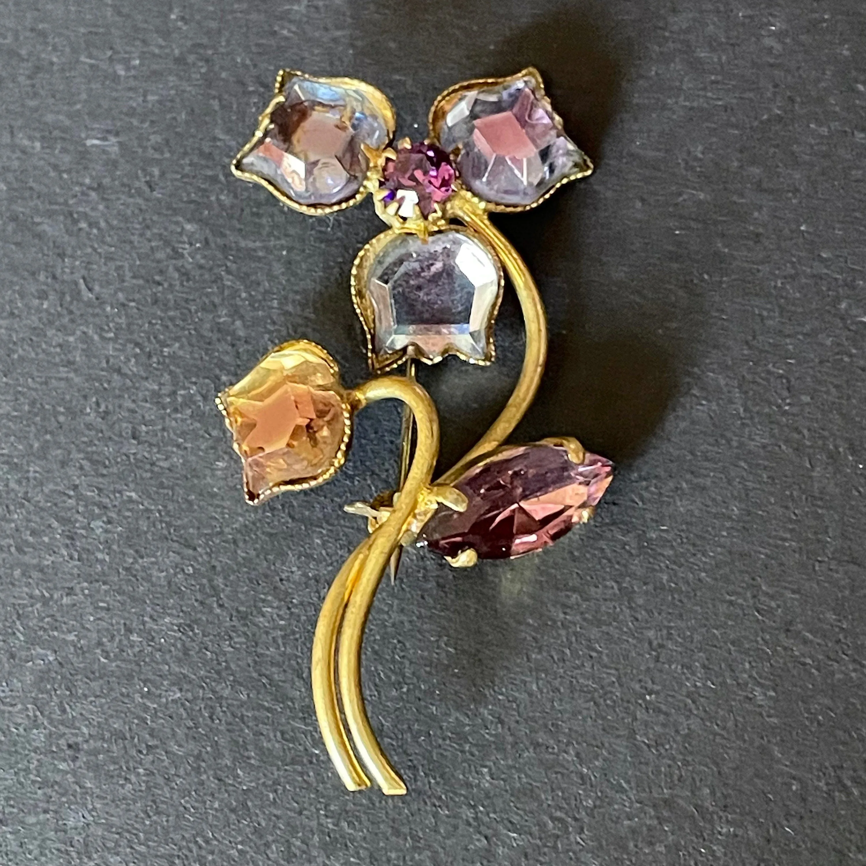 Vintage rhinestone / crystal bi-colour pink, amethyst purple and blue flower brooch, vauxhall / mirror glass style in gold tone